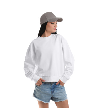 Portrait of young woman in sweater isolated on white. Mock up designの写真素材