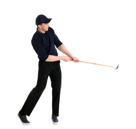 Full length portrait of man with golf club isolated on whiteの写真素材