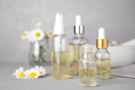 Bottles of chamomile essential oil and flowers on gray table, space for textの写真素材