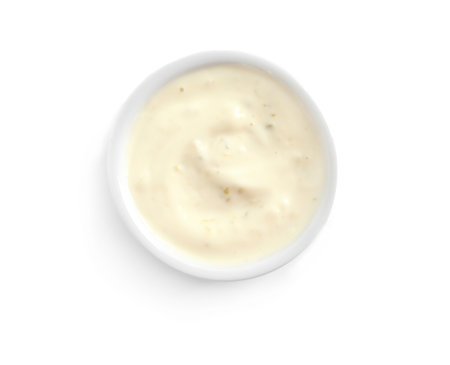 Delicious sauce in bowl on white background, top viewの写真素材