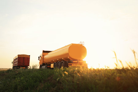 Modern bright trucks parked on country roadの写真素材