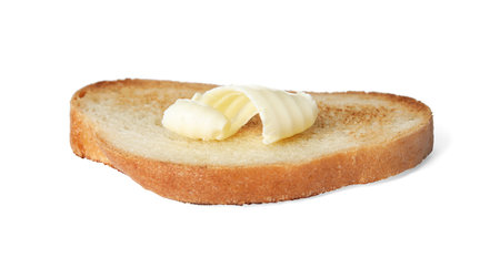 Slice of bread with butter curl isolated on whiteの写真素材