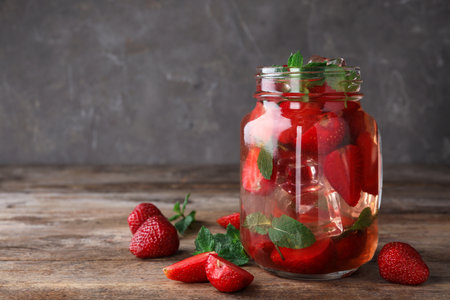 Mason jar of refreshing drink with strawberry and mint on wooden table against dark background, space for textの写真素材