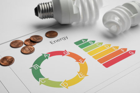 Energy efficiency rating chart, coins and light bulbs, closeup