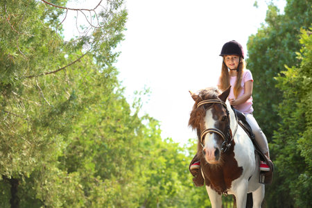 Cute little girl riding pony in green parkの写真素材