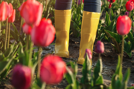 Woman in rubber boots walking across field with beautiful tulips after rain, closeupの写真素材