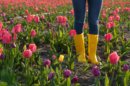 Woman in rubber boots walking across field with beautiful tulips after rain, closeupの写真素材