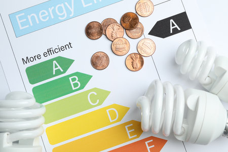 Flat lay composition with energy efficiency rating chart and light bulbs on white backgroundの写真素材