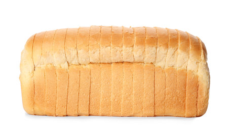 Sliced loaf of wheat bread isolated on whiteの写真素材