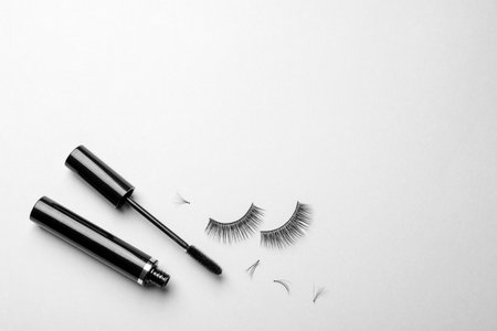 False eyelashes and mascara on white background, top viewの写真素材