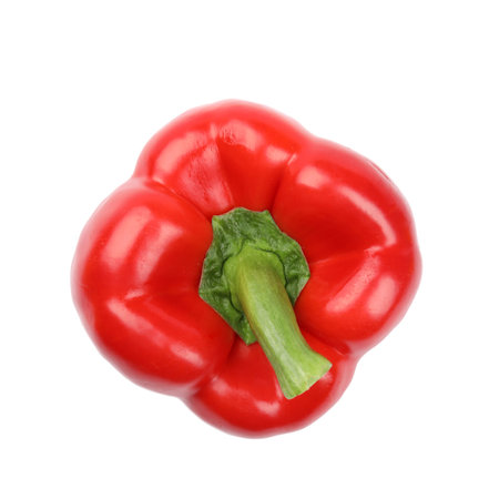 Ripe red bell pepper on white background, top viewの写真素材