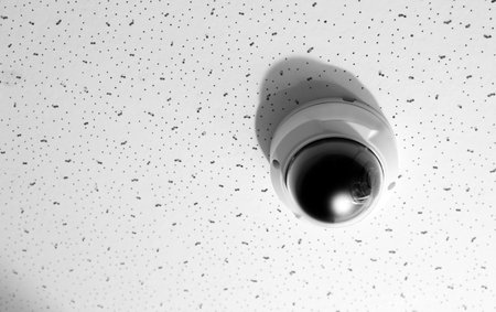 Modern CCTV security camera on white ceiling. Space for textの写真素材