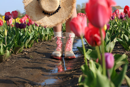 Woman in rubber boots walking across field with beautiful tulips after rain, closeupの写真素材
