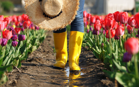 Woman in rubber boots walking across field with beautiful tulips after rain, closeupの写真素材