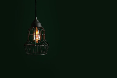 Hanging lamp bulb in chandelier against green background, space for textの写真素材