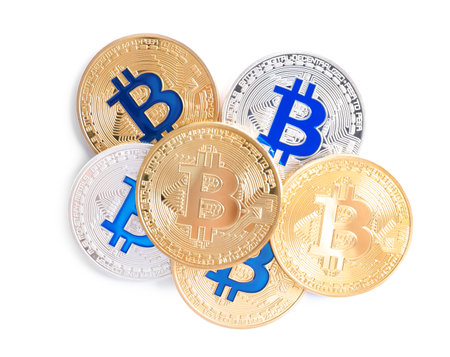 Pile of bitcoins isolated on white, top view. digital currencyの写真素材