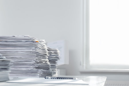 Stacks of documents on table in office. Space for textの写真素材