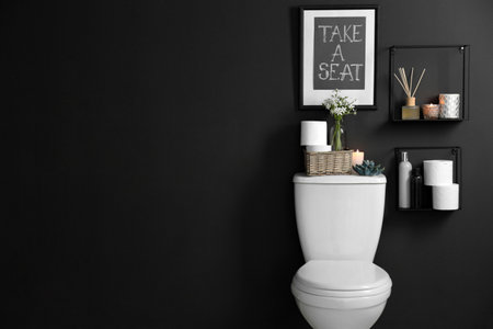 Decor elements, necessities and toilet bowl near black wall, space for text. bathroom interiorの写真素材