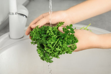 Woman washing fresh parsley under tap water in kitchen sink, closeupの写真素材