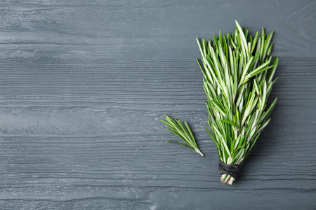 Bunch of fresh rosemary on color table, flat lay with space for textの写真素材