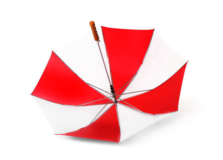 Modern opened bright umbrella isolated on whiteの写真素材