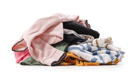 Pile of dirty laundry isolated on whiteの写真素材