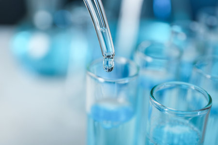 Dripping liquid into test tube, closeup with space for text. solution chemistryの写真素材