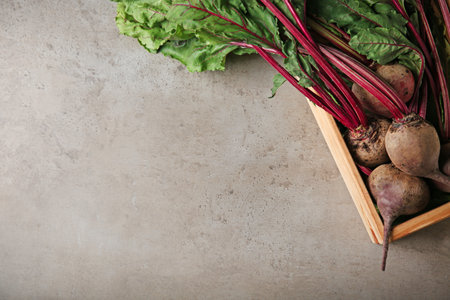 Wooden crate with fresh beets on gray table, top view. Space for textの写真素材