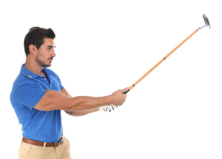 Young man playing golf on white background