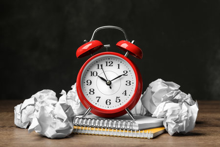 Crumpled paper balls, notebooks and alarm clock on wooden tableの写真素材