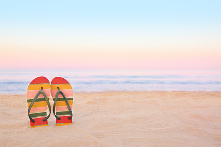 Stylish flip flops on sand near sea, space for text. beach accessoriesの写真素材