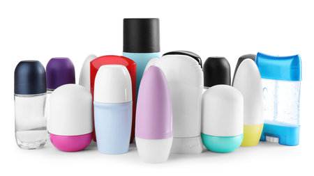 Set of different deodorants on white background