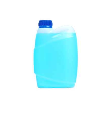 Plastic canister with liquid for car on white backgroundの写真素材