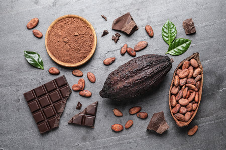 Flat lay composition with cocoa pods and chocolate on gray tableの写真素材