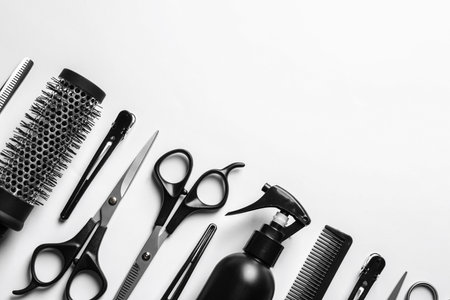 Composition with scissors and other hairdresser's accessories on white background, top viewの写真素材