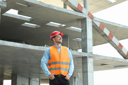 Professional engineer in safety equipment at construction siteの写真素材