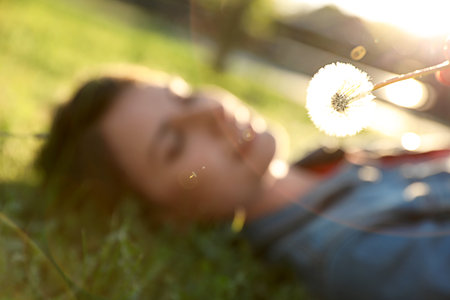Young woman lying on green grass in park, focus on dandelion. Allergy free conceptの写真素材