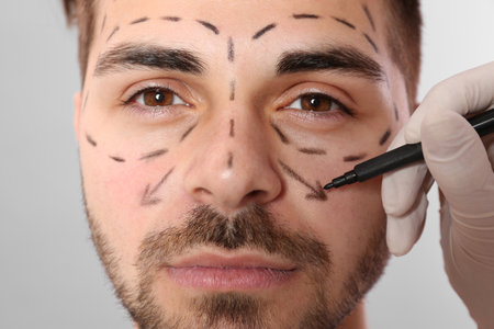 Doctor drawing marks on man's face for cosmetic surgery operation against gray background, closeupの写真素材