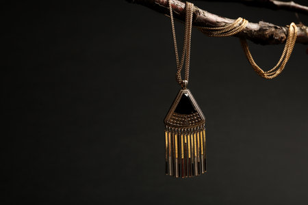Branch with elegant jewelry against black background, space for textの写真素材