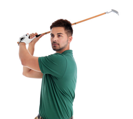 Young man playing golf on white backgroundの写真素材