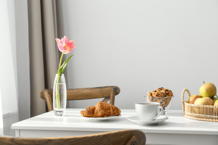 Tasty breakfast served on white table indoorsの写真素材