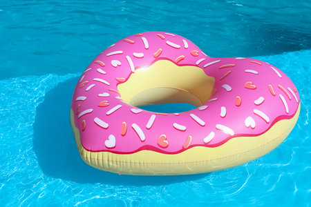 Heart shaped inflatable heart floating in swimming pool on sunny day