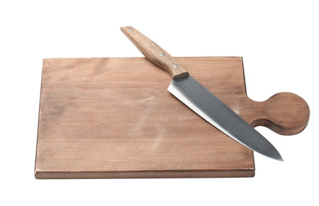 Chief's knife with wooden board isolated on whiteの写真素材