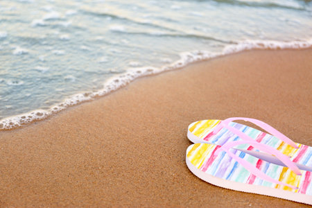 Stylish flip flops on sand near sea, space for text. Beach accessoriesの写真素材
