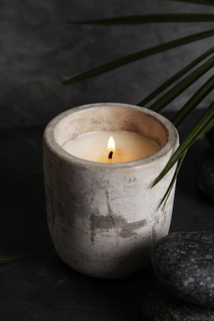 Palm leaf near burning candle and spa stones on dark tableの写真素材