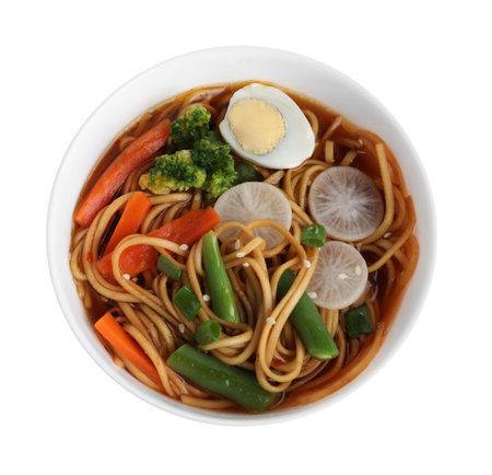 Tasty ramen with noodles and vegetables isolated on white, top viewの写真素材