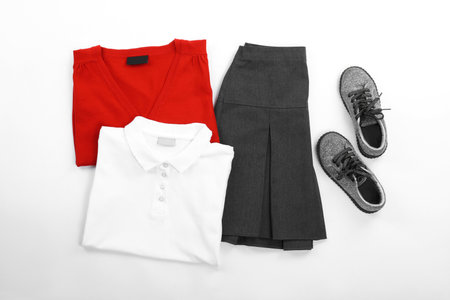 New stylish school uniform on white background, top viewの写真素材