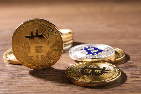 Shiny bitcoins on wooden background, space for text. digital currencyの写真素材
