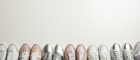 Flat lay composition with stylish shoes on light background. Space for textの写真素材