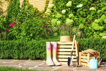 Wooden crates and gardening tools on stone path at backyardの写真素材